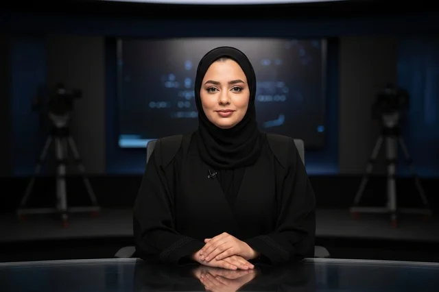 مذيعة أخبار عربية بالحجاب في استوديو البث التلفزيوني