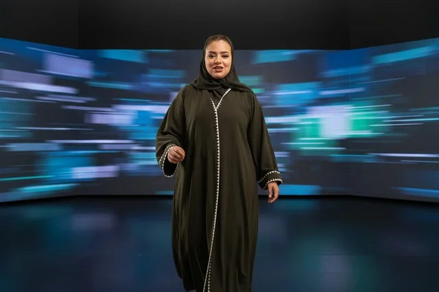 امرأة سعودية بالعباءة تمشي في استوديو تلفزيوني