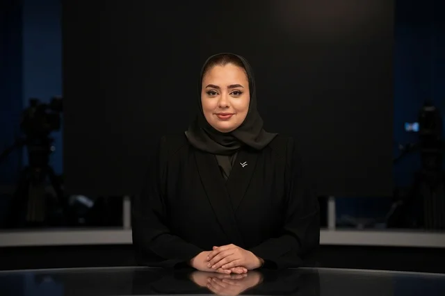 Saudi Female News Anchor in Television Studio Room