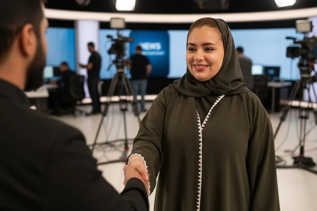 Arab Woman in Abaya Shaking Hands in TV News Studio