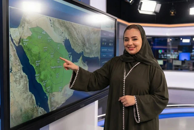 Saudi Female Presenter Weather Forecast in TV Studio