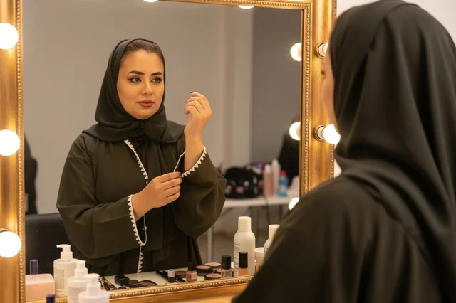 امرأة سعودية بالعباءة والحجاب أمام مرآة التزيين