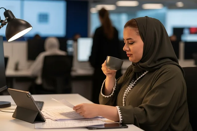 Arab Businesswoman Drinking Coffee at Her Office Desk