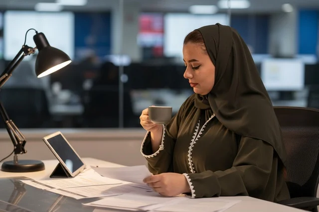 Saudi Arab Businesswoman Working Late in Office at Night