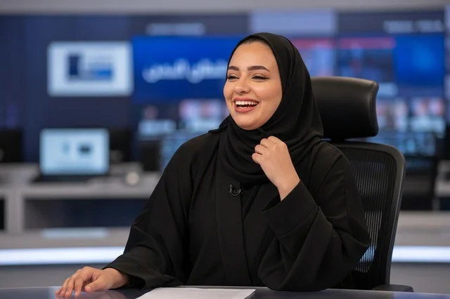 مذيعة أخبار سعودية مبتسمة تجلس في استوديو تلفزيوني