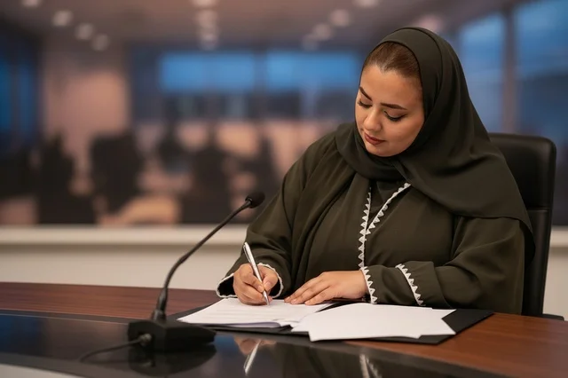 Saudi Businesswoman Signing Document at Conference Desk
