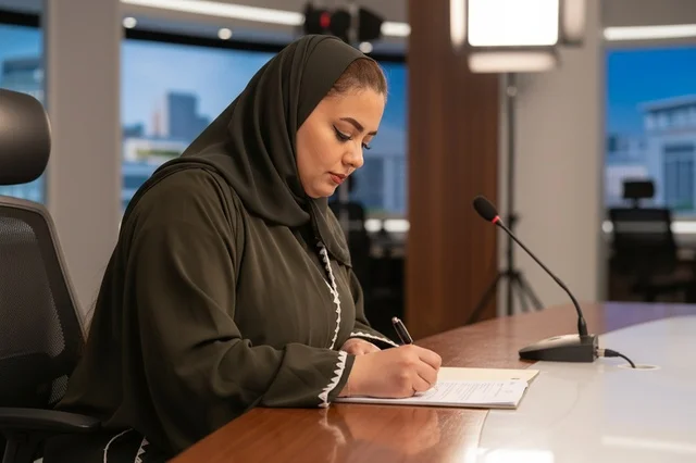 Arab Businesswoman Writing in Modern Conference Room