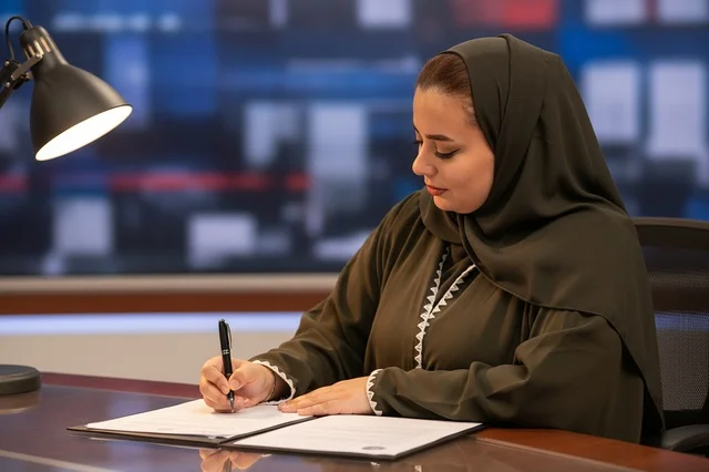 Saudi Businesswoman in Abaya Signing Contract in Office
