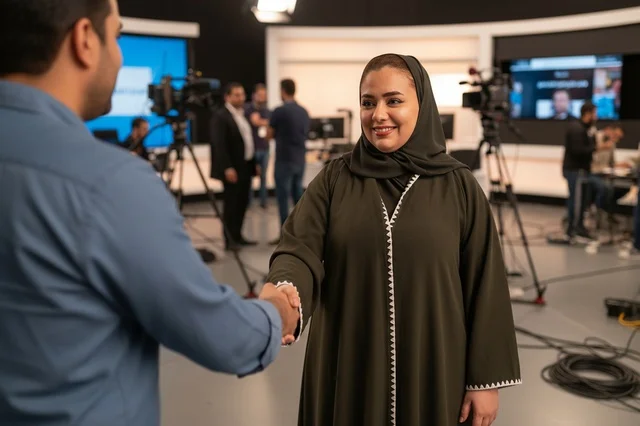 امرأة سعودية بالعباءة تصافح زميلها في استوديو تلفزيوني
