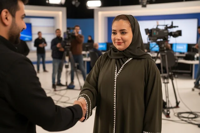 Arab Saudi Woman Handshake in Television News Studio