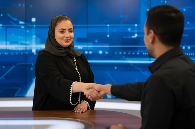 سيدة أعمال سعودية بالعباءة تصافح زميلها في الاستوديو