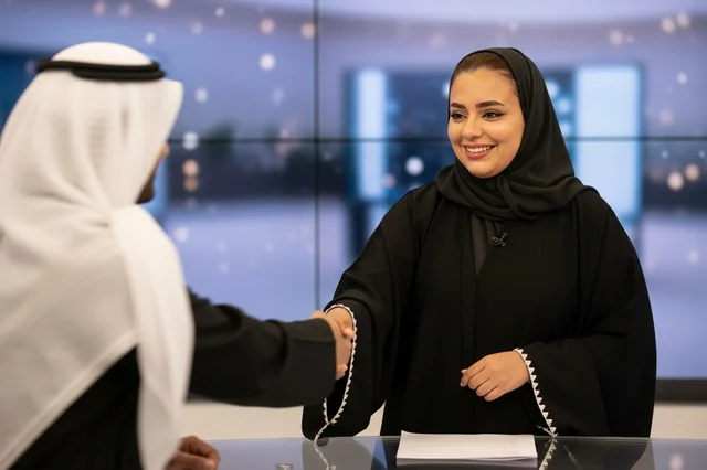 Saudi Businesswoman Shaking Hands in Modern TV Studio