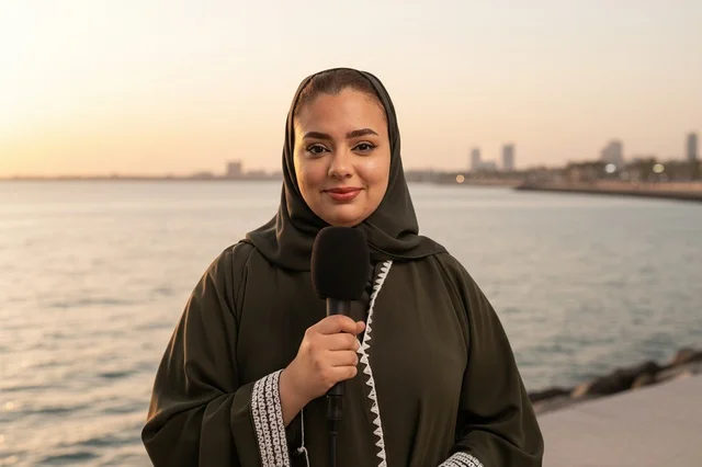 مراسلة صحفية سعودية بالعباءة تحمل ميكروفون وقت الغروب