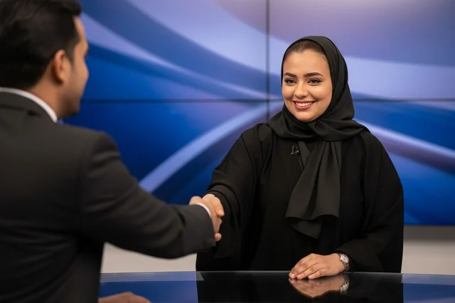 Saudi Businesswoman in Abaya Shaking Hands in Studio