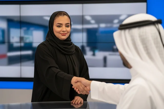 Emirati Businesswoman Shaking Hands in Modern Studio