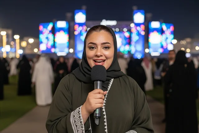 مراسلة سعودية تتحدث في ميكروفون خلال مهرجان مسائي