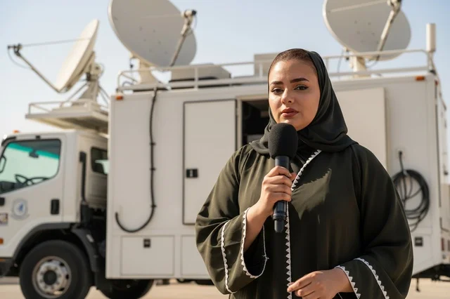 Saudi Female News Reporter with Satellite Broadcast Truck