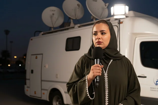 Saudi Female Reporter with Microphone Near Broadcast Van