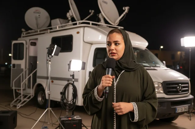 مراسلة عربية تتحدث بالميكروفون أمام عربة البث ليلا