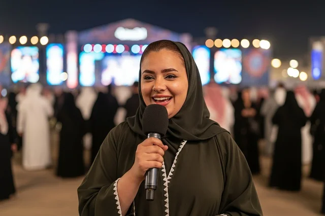 مراسلة سعودية تحمل ميكروفون في فعالية مسائية
