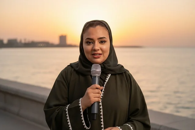 مراسلة صحفية سعودية بالعباءة على الكورنيش وقت الغروب