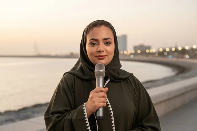 Saudi Female Reporter holding Microphone at Corniche