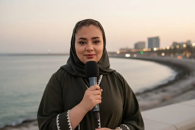 صحفية سعودية بالعباءة تحمل ميكروفون على الكورنيش