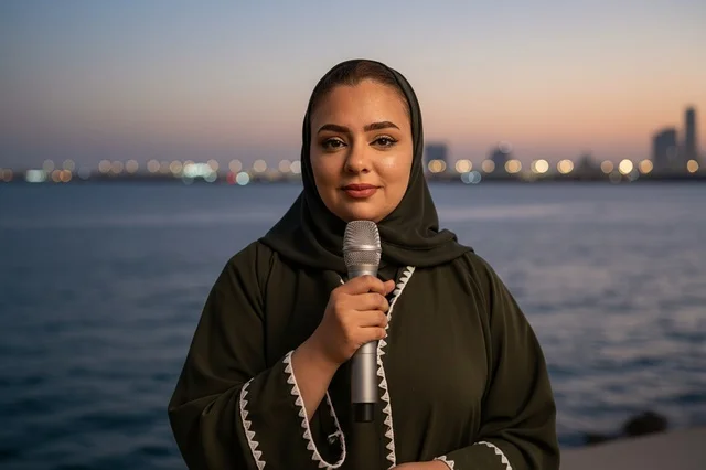 مراسلة صحفية عربية بالعباءة تحمل ميكروفون وقت الغروب