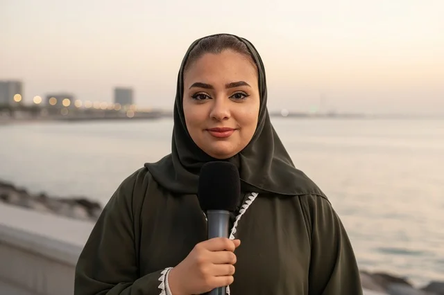 Saudi Female News Reporter with Microphone at Sunset