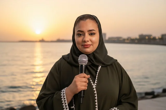 Saudi Female Reporter with Microphone on Coast at Sunset