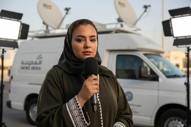 مراسلة إخبارية سعودية مع ميكروفون وسيارة البث