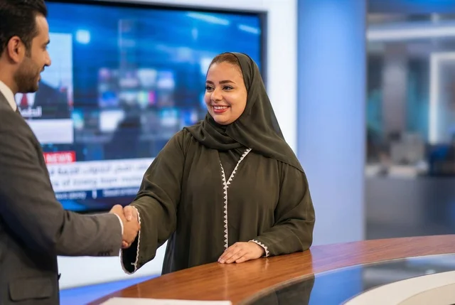امرأة سعودية بالعباءة تصافح زميلها في استوديو الأخبار
