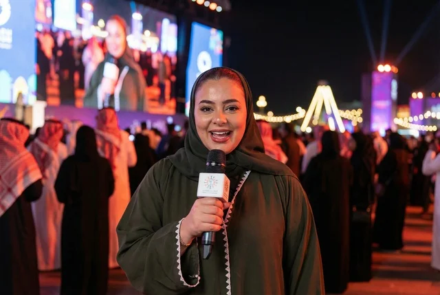 A Saudi female journalist in an abaya holding a microphone at an evening event.