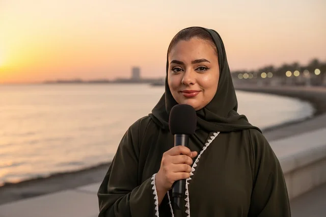 امرأة سعودية بالعباءة تصافح زميلها في استوديو الأخبار
