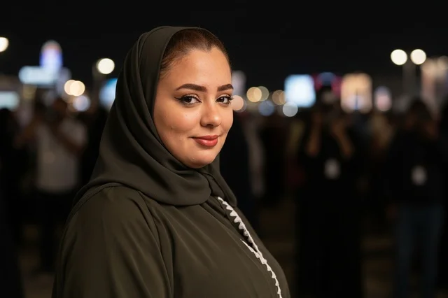 امرأة سعودية بالعباءة والحجاب الأخضر ليلاً بخلفية بوكيه