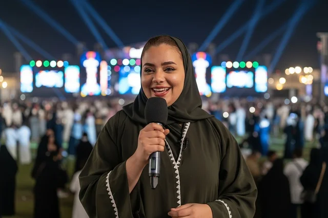 A Saudi female journalist in an abaya holding a microphone at an evening event.