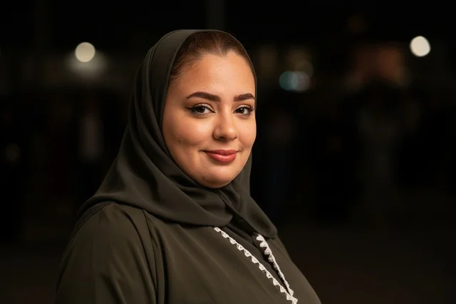 امرأة سعودية مبتسمة بالعباءة والحجاب التقليدي ليلاً