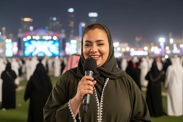 مراسلة صحفية سعودية بالعباءة تحمل ميكروفون في فعالية مسائية