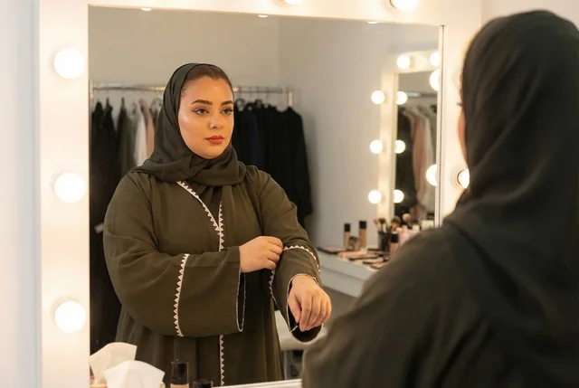 A Saudi woman in an abaya shakes hands with her colleague in the news studio.