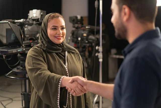 امرأة سعودية بالعباءة تصافح زميلها في استوديو الأخبار