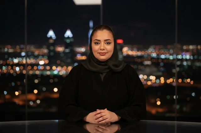 امرأة سعودية بالعباءة والحجاب أمام أضواء المدينة ليلا