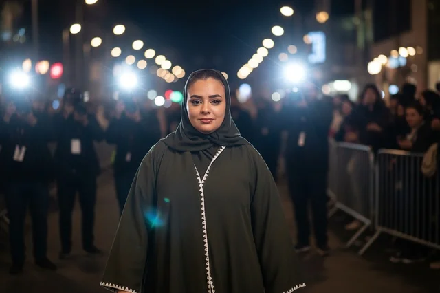 Saudi Woman in Abaya at Night Red Carpet Event