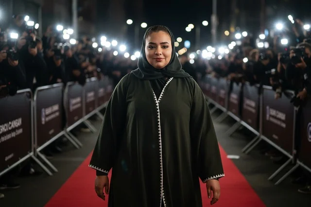 امرأة سعودية ترتدي عباءة سوداء على السجادة الحمراء