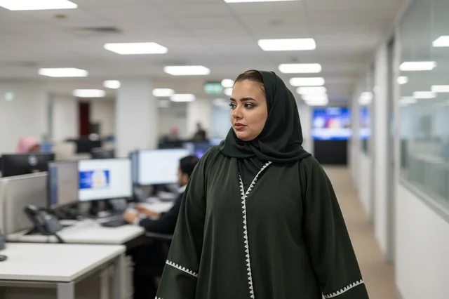 امرأة أعمال سعودية بالعباءة تسير في ممر مكتب حديث