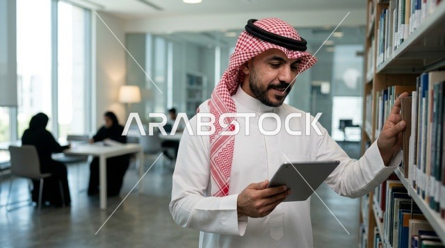 رجل سعودي يستخدم جهاز لوحي في مكتبة جامعة حديثة