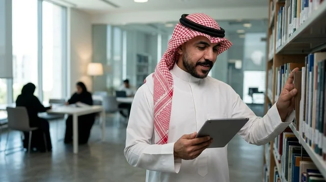 Saudi Man with Digital Tablet in Modern University Library