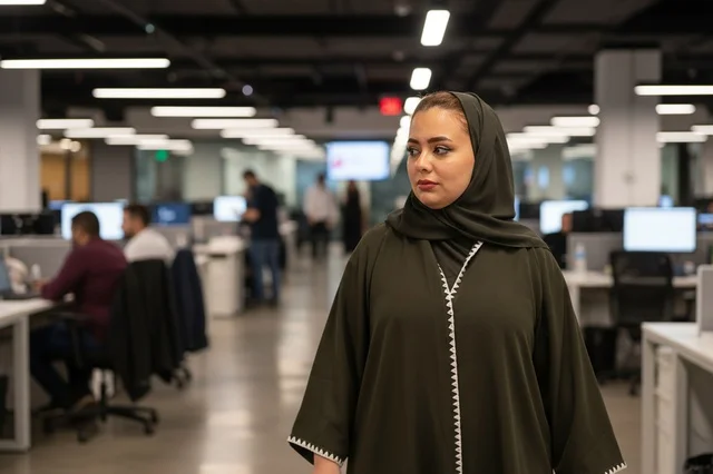 سيدة أعمال سعودية بالعباءة والحجاب داخل مكتب عمل حديث