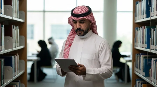 Saudi Man in Traditional Thobe Using Tablet in Library