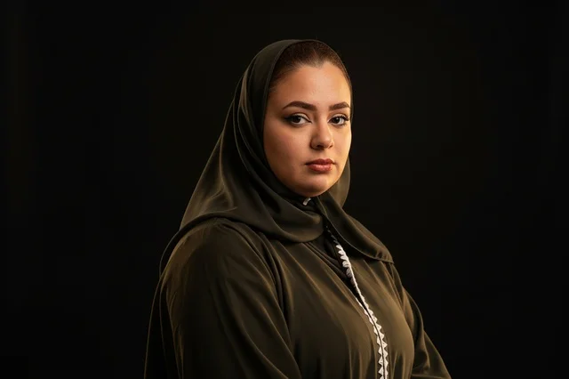 Saudi Woman in Traditional Green Abaya on Black Background