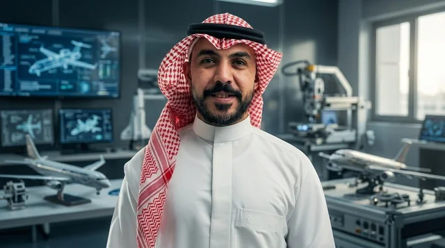 مهندس طيران سعودي بالزي التقليدي في مختبر طيران حديث